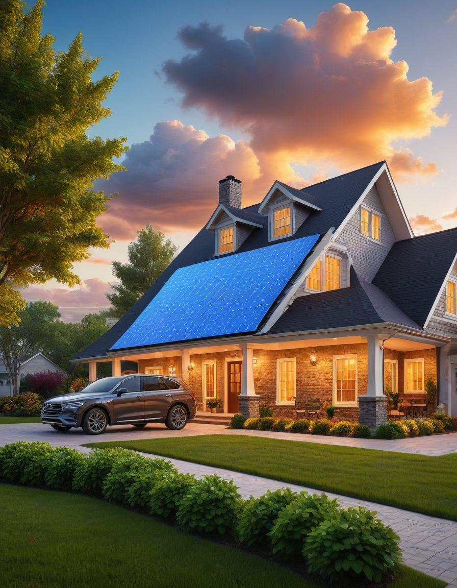 A cozy home and a sleek vehicle parked side by side, symbolizing protection and insurance coverage. The house should have a welcoming porch and a well-kept garden, while the car should look modern and well-maintained. Above them, a protective shield made of transparent digital pixels should hover, illustrating the concept of insurance. The background features a sunny, cloudless sky to evoke a sense of safety and security. super-realistic. vibrant colors.