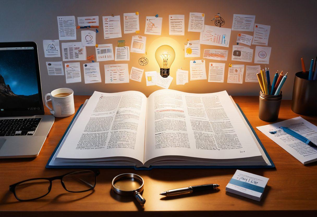 An open book surrounded by various policy documents, a magnifying glass on top of a chart showing different choices, and a glowing light bulb to symbolize informed decisions. The background features a serene desk setup with a laptop and a cup of coffee, conveying a sense of thoughtful analysis. super-realistic. vibrant colors. warm lighting.