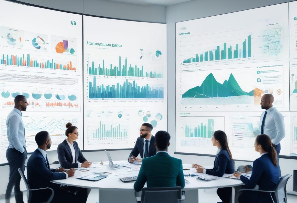 An abstract illustration showcasing a diverse group of professionals in a modern office setting, collaborating over a large digital screen displaying graphs and risk analysis. Include elements that symbolize partnerships, such as interconnected puzzle pieces and handshake icons. Emphasize a sense of teamwork and strategic planning with soft blue and green tones. super-realistic. vibrant colors. white background.
